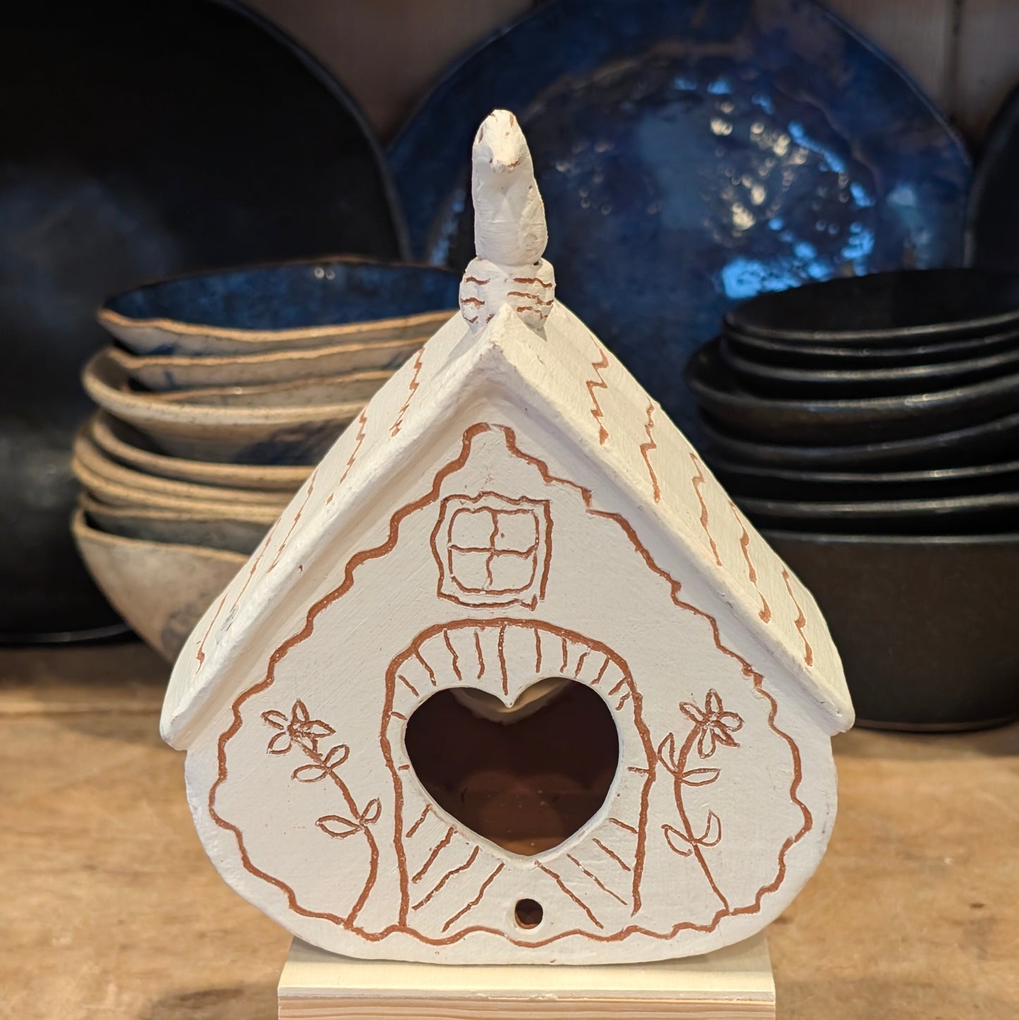 Sgraffito Birdhouse with Perched Bird