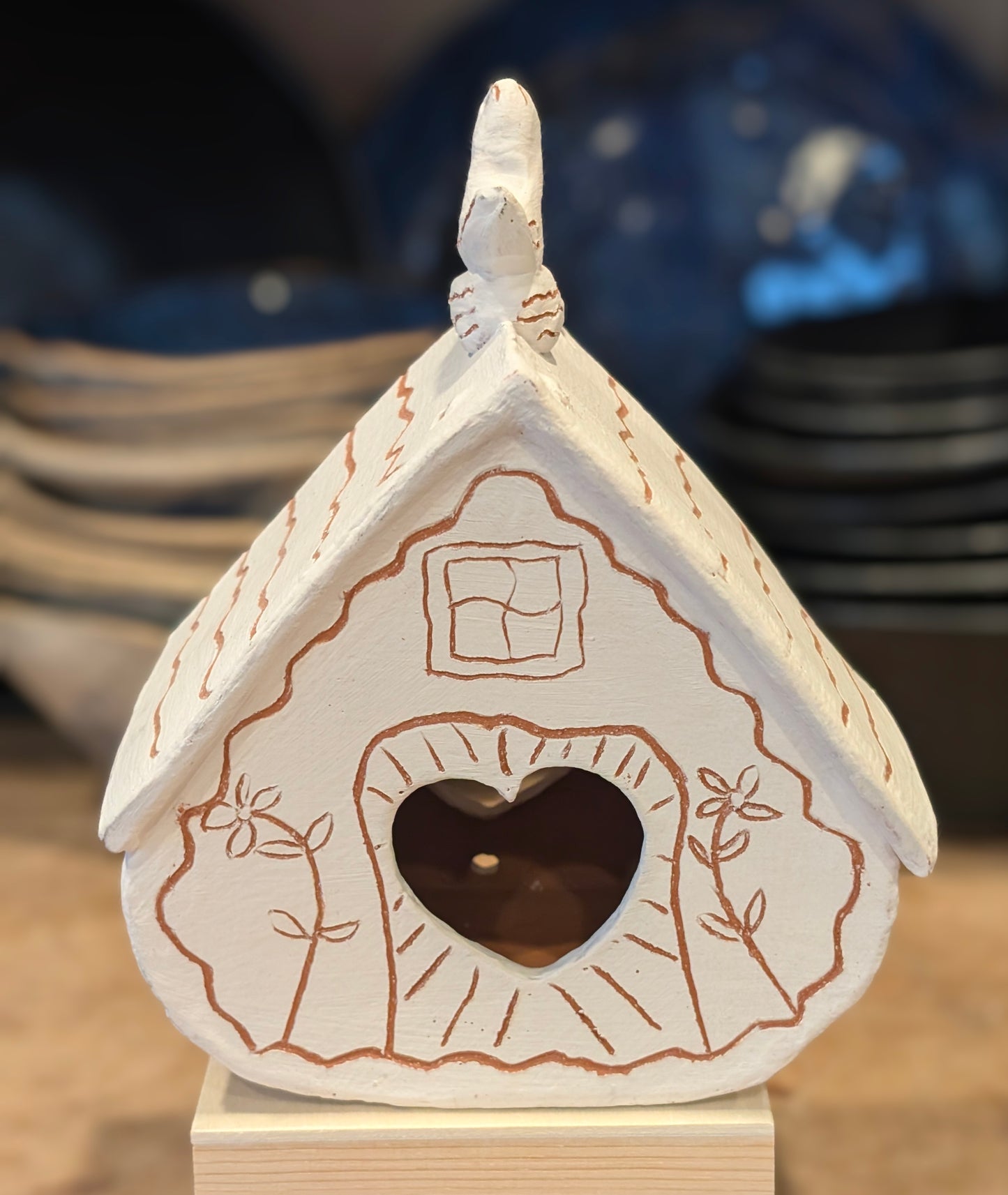Sgraffito Birdhouse with Perched Bird