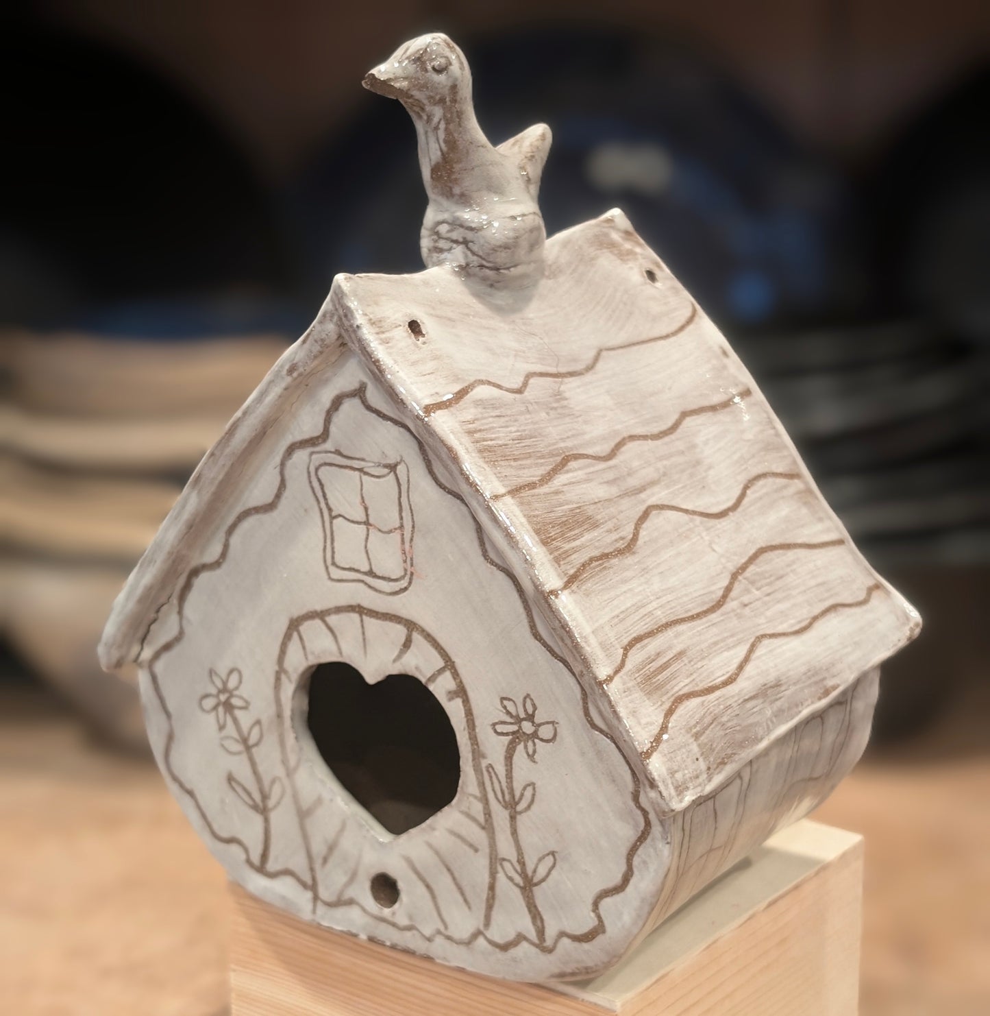 Sgraffito Birdhouse with Perched Bird (Clear glaze over slip)
