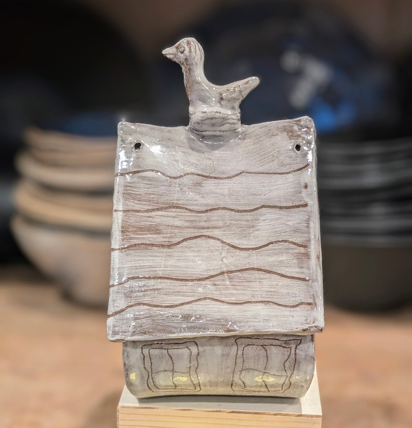 Sgraffito Birdhouse with Perched Bird (Clear glaze over slip)