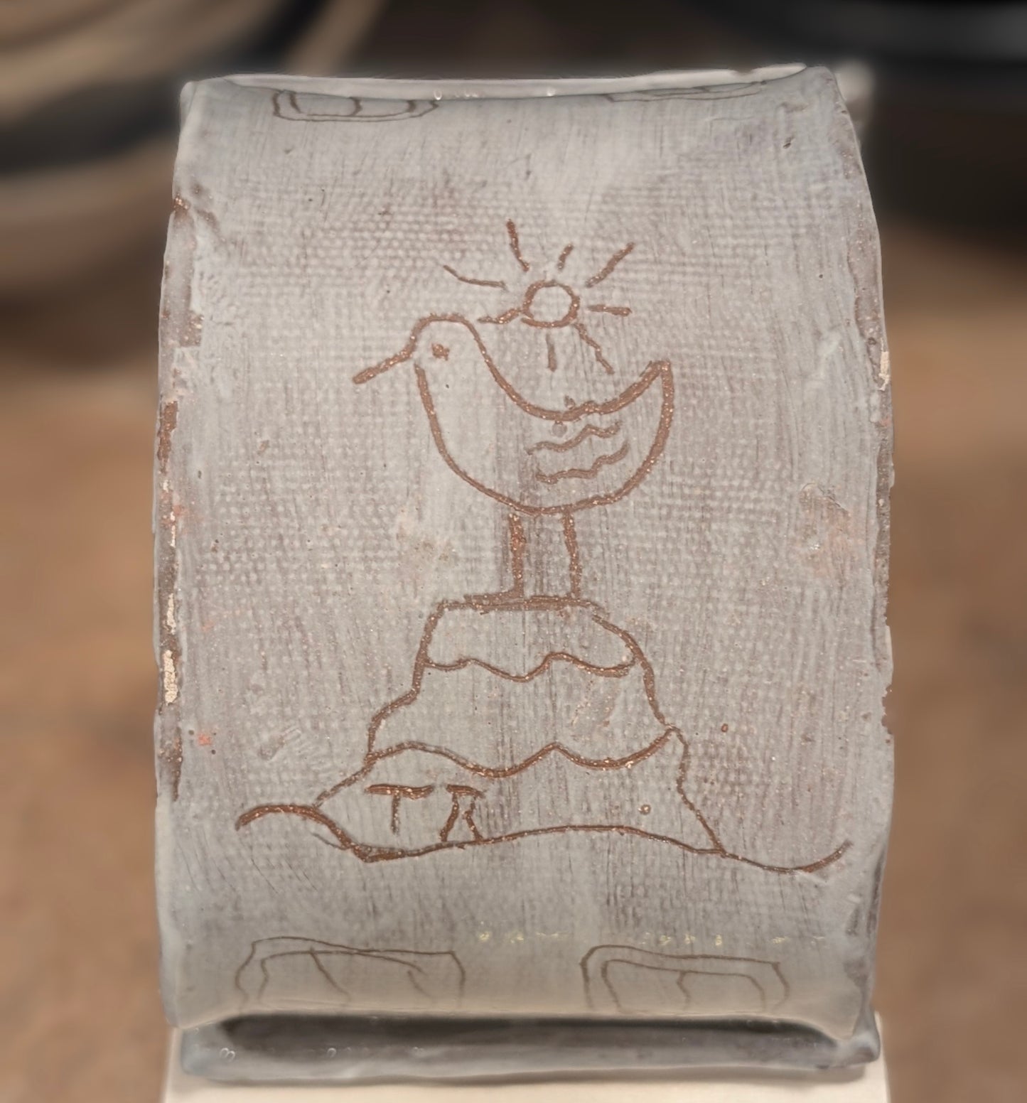 Sgraffito Birdhouse with Perched Bird (Clear glaze over slip)