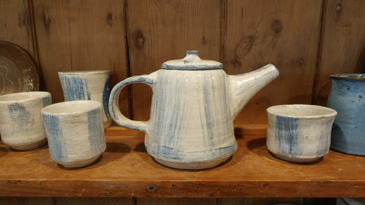 Stoneware Teapot with Porcelain Slip  with Two Tea Cups